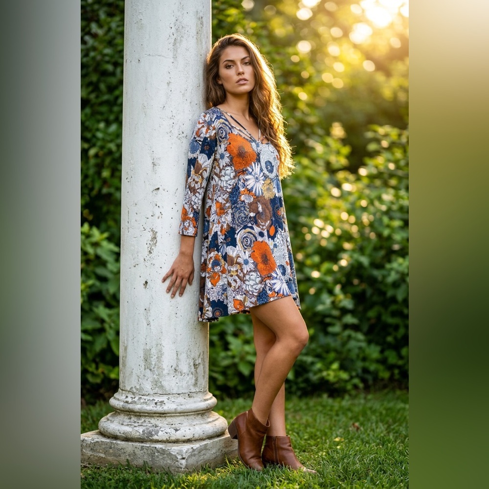 From The Heart Floral Lattice-neck Bohemian Tunic dress